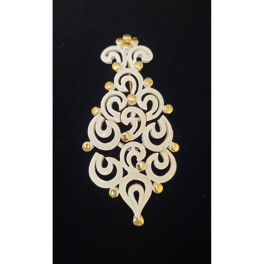 Vintage Monet White Enamel Brooch Pin Articulated Swirl Dangle Gold Tone Accents
